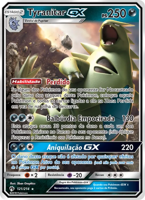 Carta Tyranitar GX, número 121/214 da coleção Trovões Perdidos