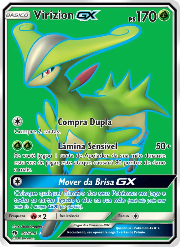 Carta Virizion GX, número 197/214 da coleção Trovões Perdidos