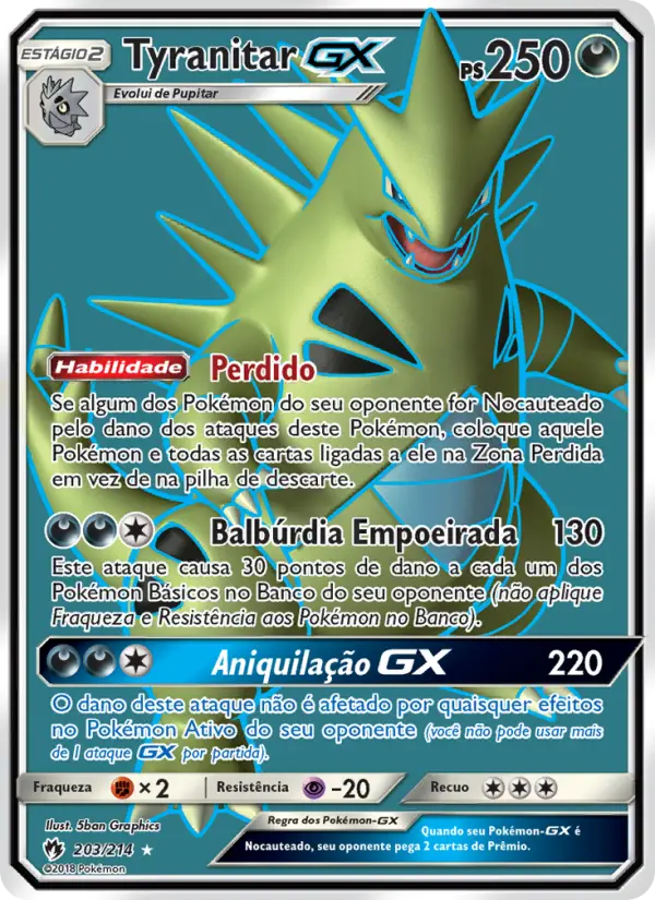 Carta Tyranitar GX, número 203/214 da coleção Trovões Perdidos
