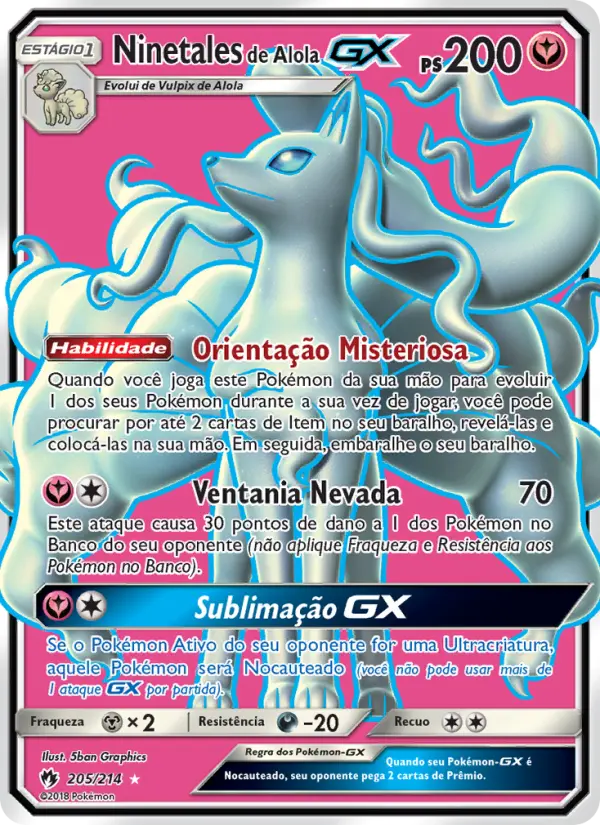 Carta Ninetales de Alola GX, número 205/214 da coleção Trovões Perdidos