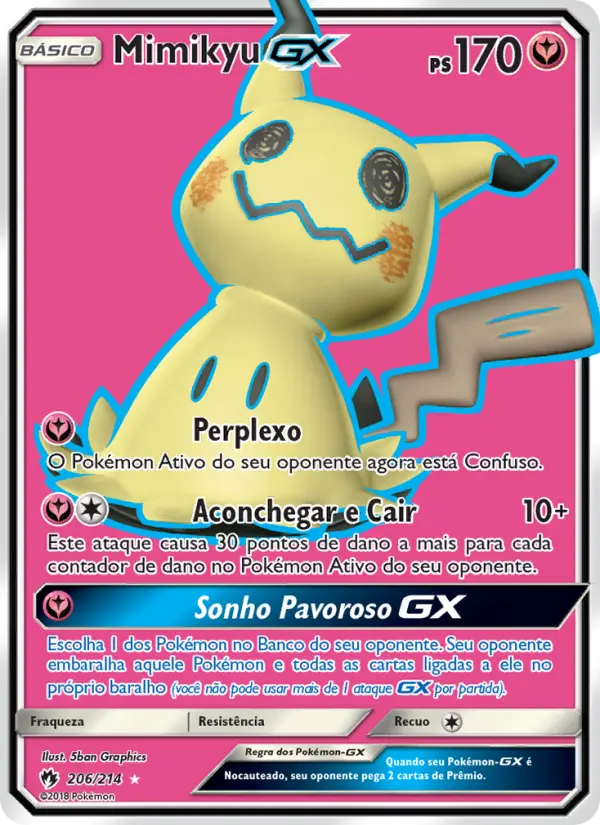 Carta Mimikyu GX, número 206/214 da coleção Trovões Perdidos