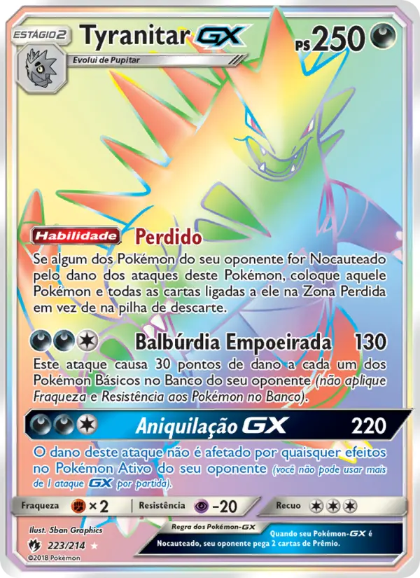 Carta Tyranitar GX, número 223/214 da coleção Trovões Perdidos