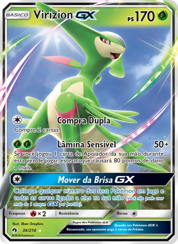 Carta Virizion GX, número 34/214 da coleção Trovões Perdidos