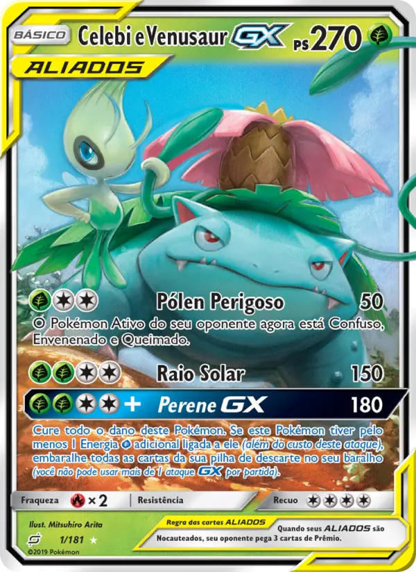 Carta Celebi e Venusaur GX, número 1/181 da coleção União de Aliados