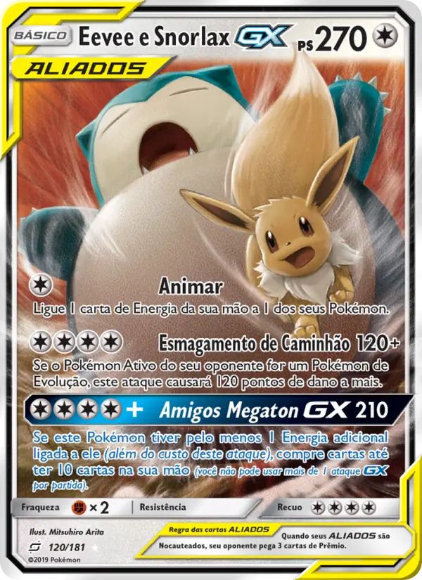 Carta Eevee e Snorlax GX, número 120/181 da coleção União de Aliados