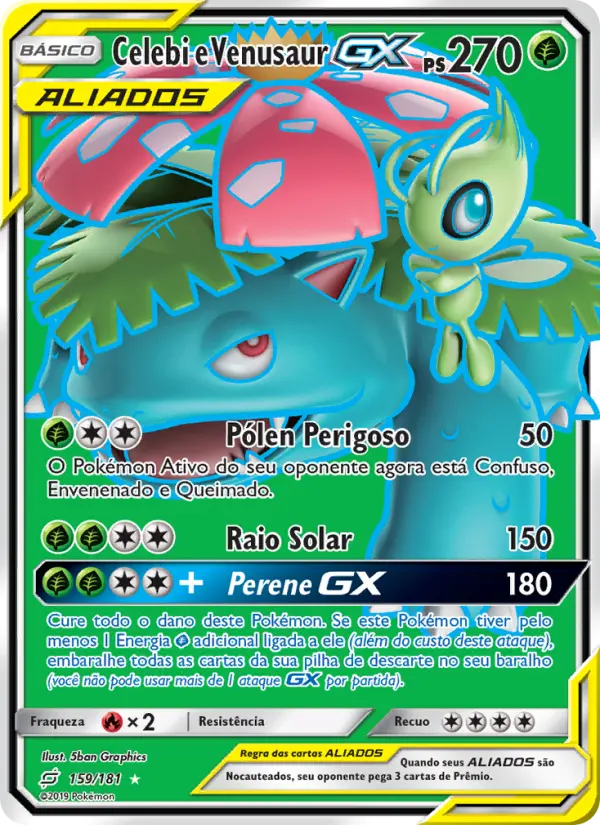 Carta Celebi e Venusaur GX, número 159/181 da coleção União de Aliados