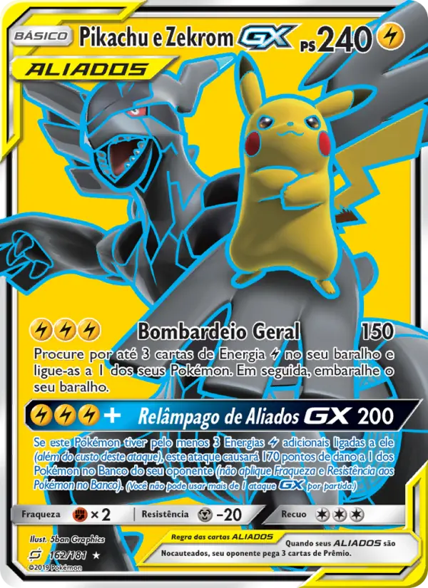 Carta Pikachu e Zekrom GX, número 162/181 da coleção União de Aliados