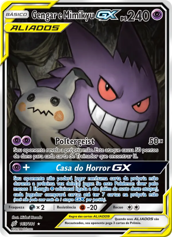 Carta Gengar e Mimikyu GX, número 165/181 da coleção União de Aliados