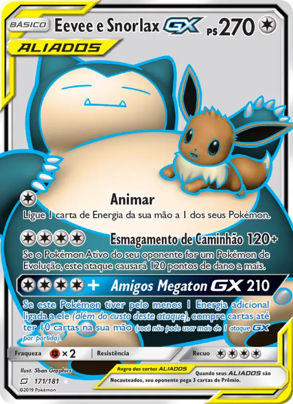Carta Eevee e Snorlax GX, número 171/181 da coleção União de Aliados