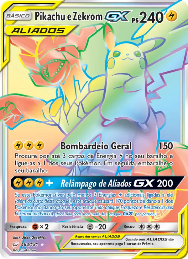 Carta Pikachu e Zekrom GX, número 184/181 da coleção União de Aliados