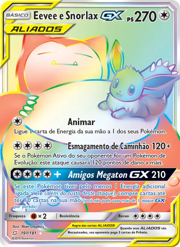 Carta Eevee e Snorlax GX, número 191/181 da coleção União de Aliados