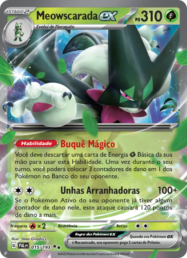 Carta Meowscarada ex, número 015/193 da coleção Evoluções em Paldea