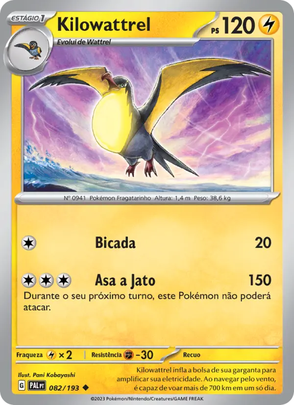 Carta Kilowattrel, número 082/193 da coleção Evoluções em Paldea