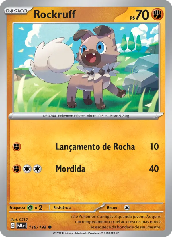 Carta Rockruff, número 116/193 da coleção Evoluções em Paldea