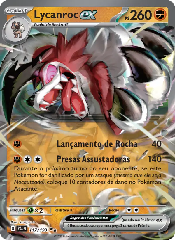 Carta Lycanroc ex, número 117/193 da coleção Evoluções em Paldea