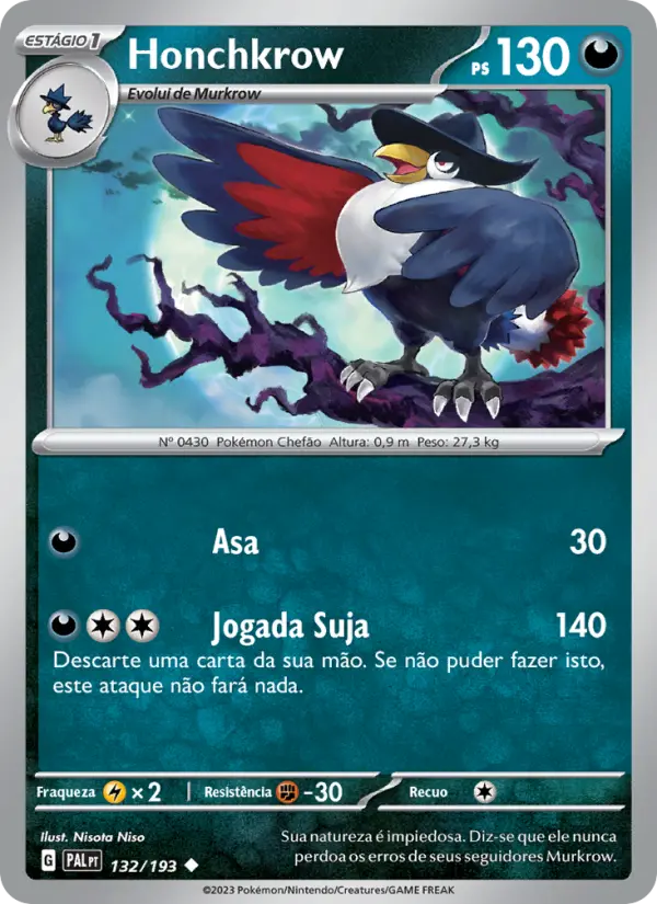 Carta Honchkrow, número 132/193 da coleção Evoluções em Paldea