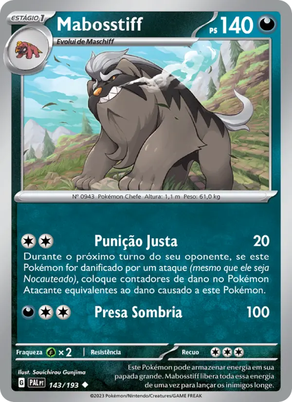 Carta Mabosstiff, número 143/193 da coleção Evoluções em Paldea
