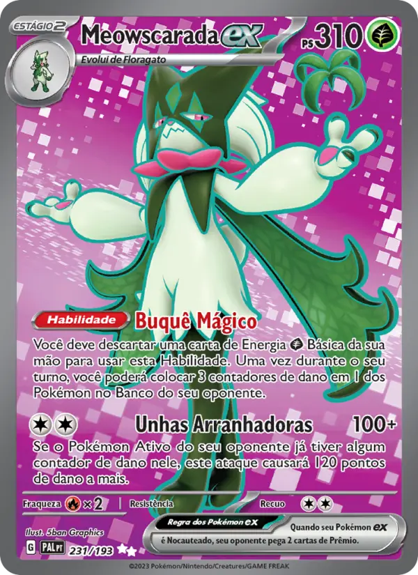 Carta Meowscarada ex, número 231/193 da coleção Evoluções em Paldea