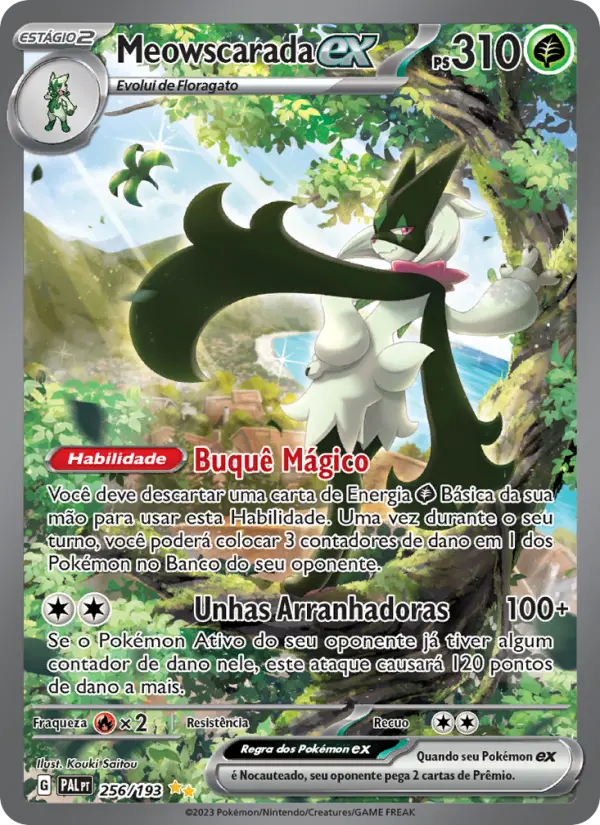 Carta Meowscarada ex, número 256/193 da coleção Evoluções em Paldea