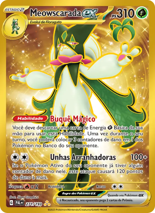 Carta Meowscarada ex, número 271/193 da coleção Evoluções em Paldea