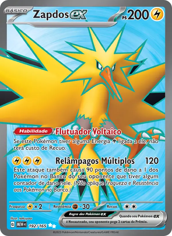 Carta Zapdos ex, número 192/165 da coleção 151