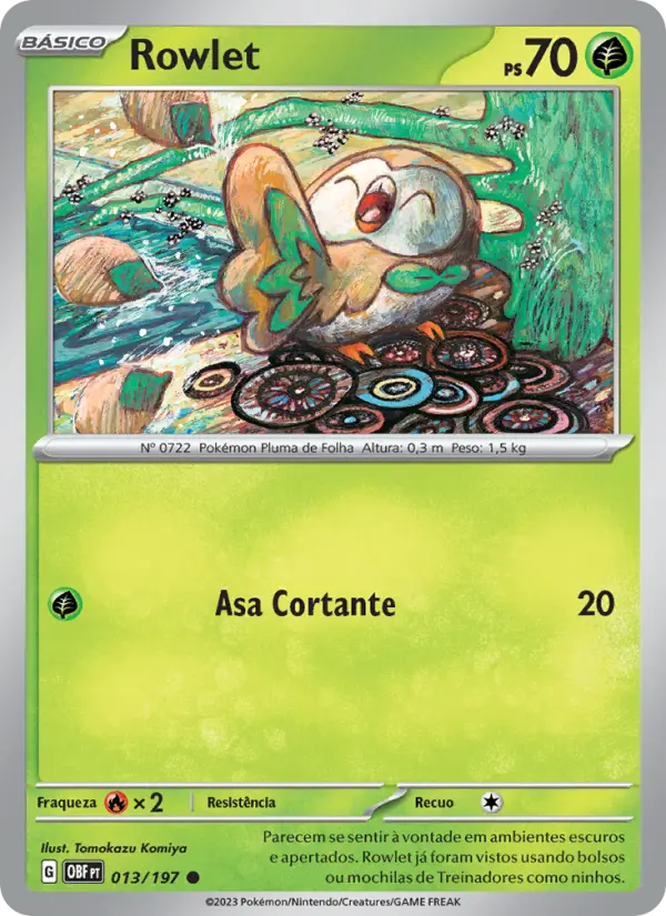 Carta Rowlet, número 013/197 da coleção Obsidiana em Chamas