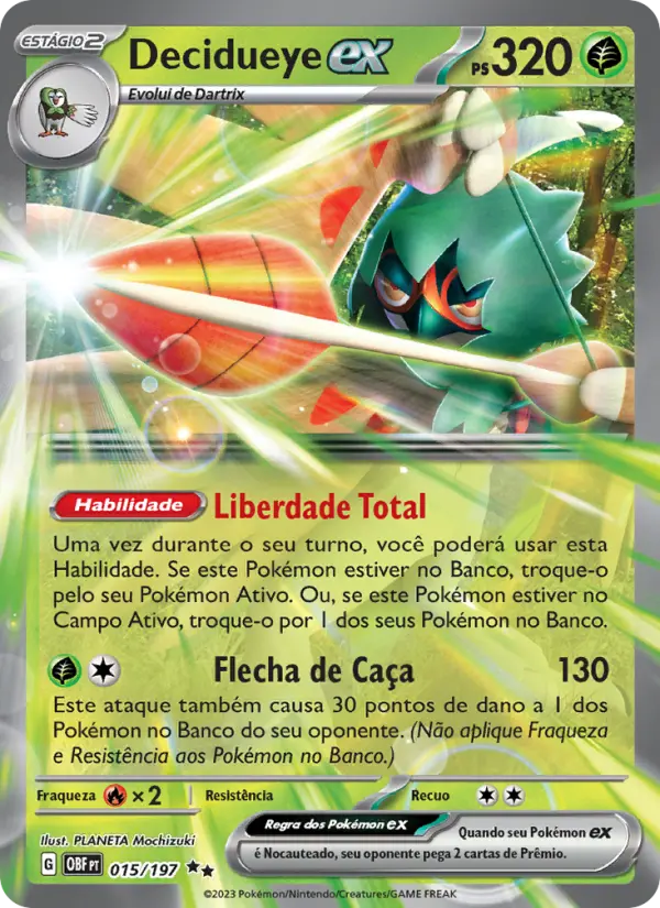Carta Decidueye ex, número 015/197 da coleção Obsidiana em Chamas