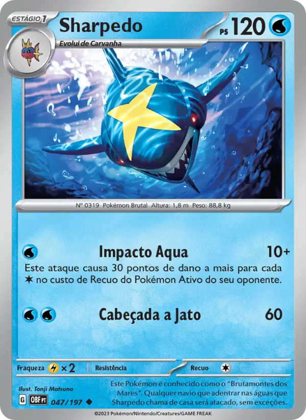 Carta Sharpedo, número 047/197 da coleção Obsidiana em Chamas