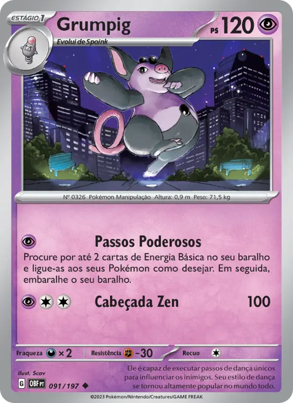 Carta Grumpig, número 091/197 da coleção Obsidiana em Chamas