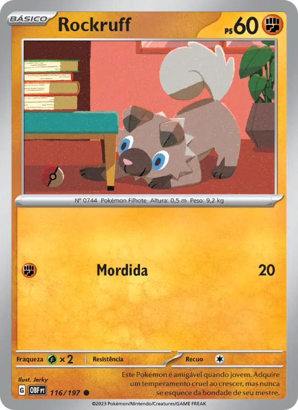Carta Rockruff, número 116/197 da coleção Obsidiana em Chamas