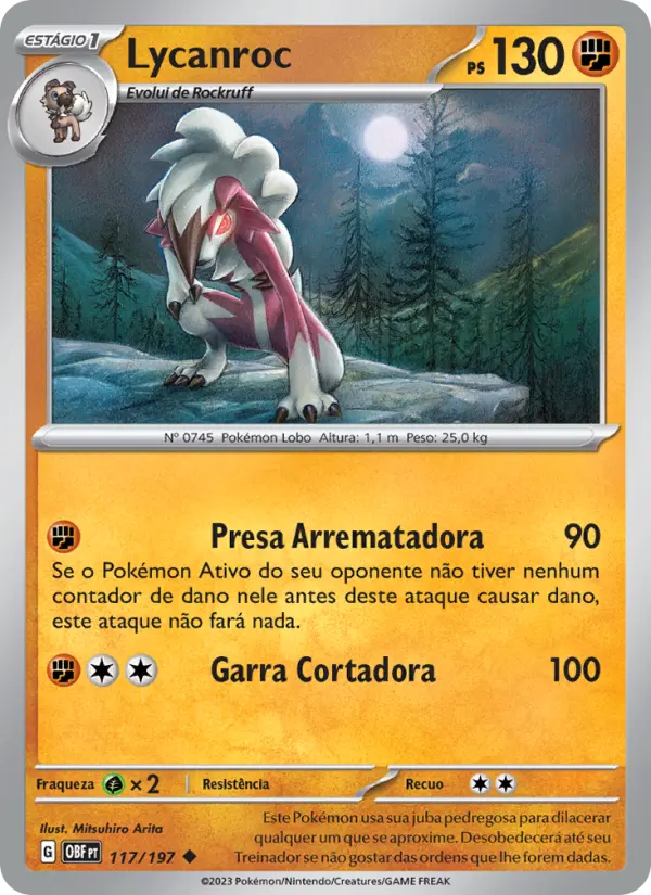 Carta Lycanroc, número 117/197 da coleção Obsidiana em Chamas
