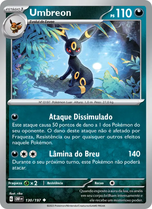 Carta Umbreon, número 130/197 da coleção Obsidiana em Chamas