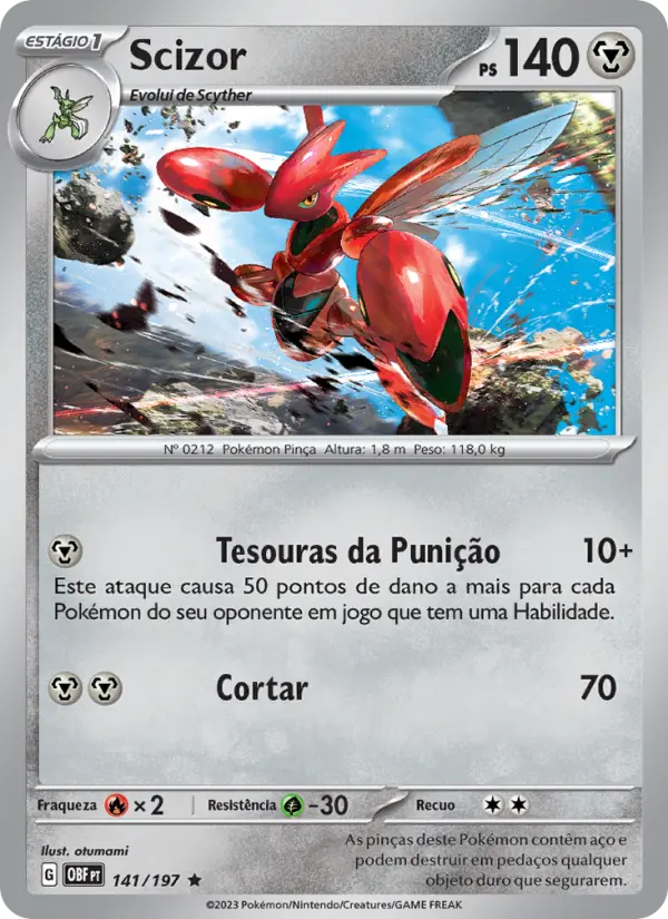 Carta Scizor, número 141/197 da coleção Obsidiana em Chamas