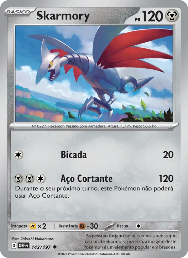 Carta Skarmory, número 142/197 da coleção Obsidiana em Chamas