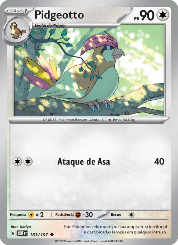 Carta Pidgeotto, número 163/197 da coleção Obsidiana em Chamas