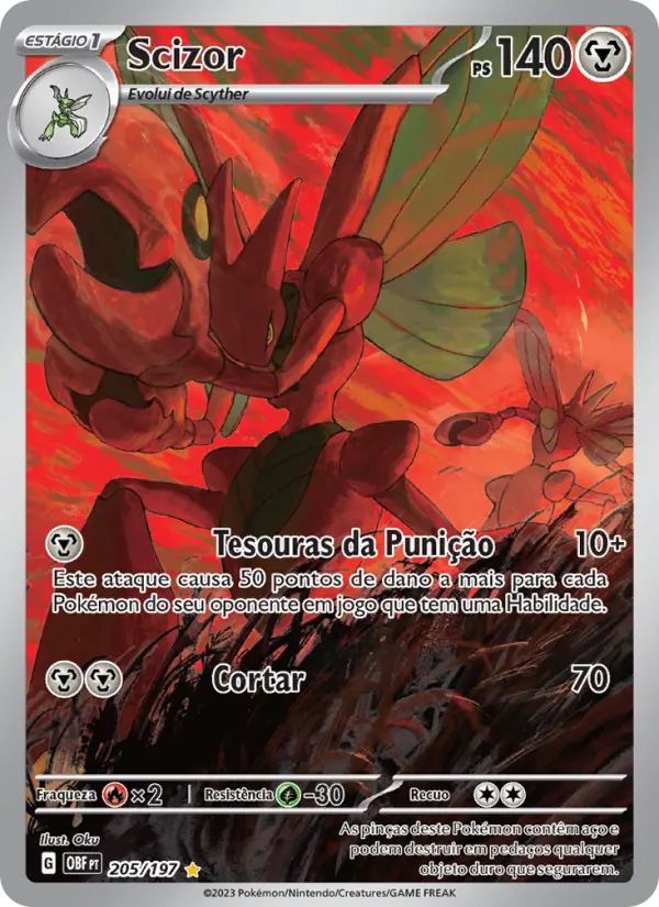 Carta Scizor, número 205/197 da coleção Obsidiana em Chamas