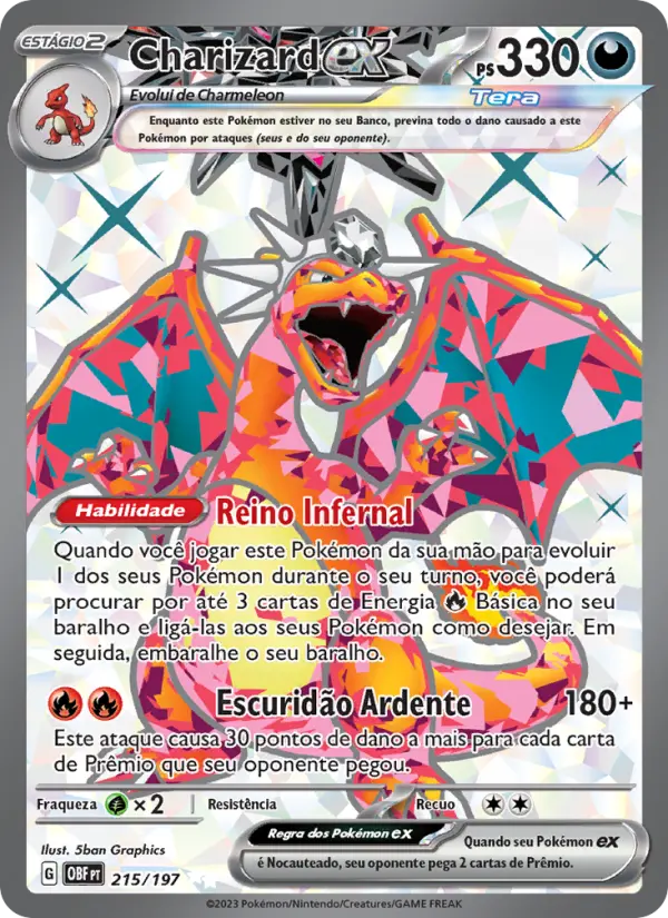 Carta Charizard ex, número 215/197 da coleção Obsidiana em Chamas