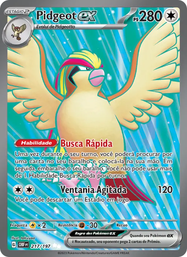 Carta Pidgeot ex, número 217/197 da coleção Obsidiana em Chamas