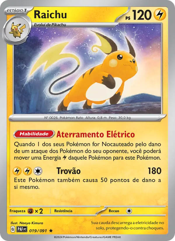 Carta Raichu, número 019/91 da coleção Destinos de Paldea