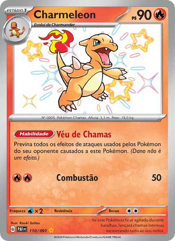 Carta Charmeleon, número 110/91 da coleção Destinos de Paldea