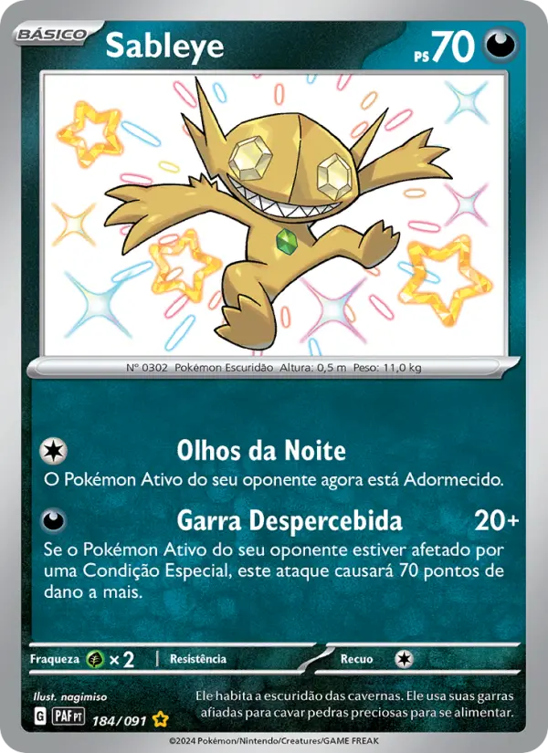 Carta Sableye, número 184/91 da coleção Destinos de Paldea