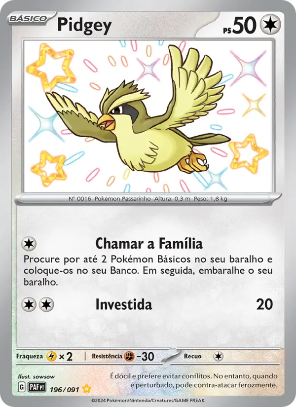 Carta Pidgey, número 196/91 da coleção Destinos de Paldea