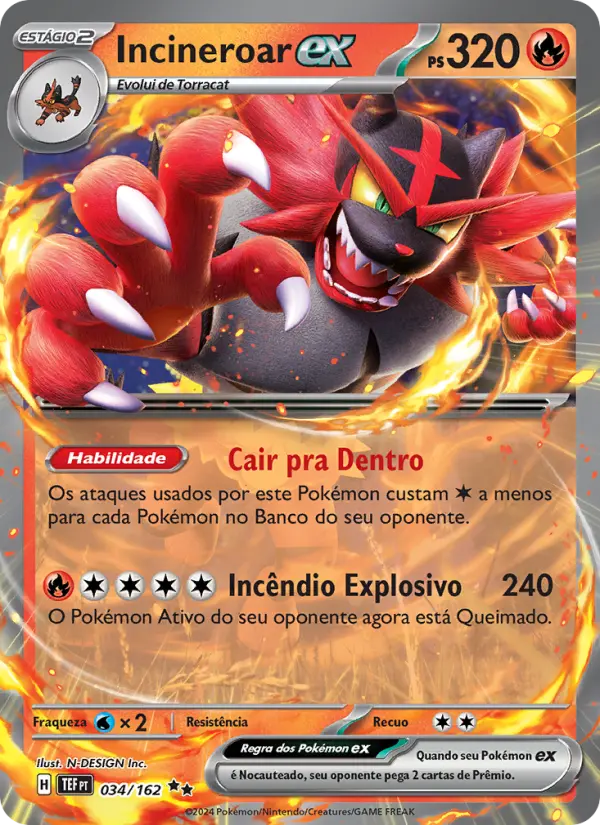 Carta Incineroar ex, número 034/162 da coleção Forças Temporais