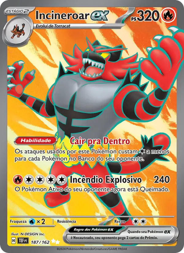 Carta Incineroar ex, número 187/162 da coleção Forças Temporais