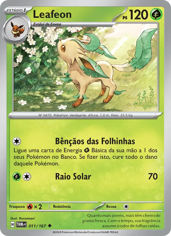 Carta Leafeon, número 011/167 da coleção Máscaras do Crepúsculo