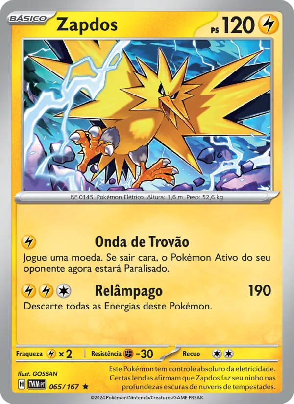 Carta Zapdos, número 065/167 da coleção Máscaras do Crepúsculo