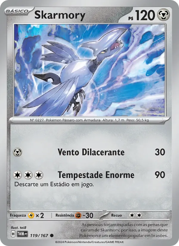 Carta Skarmory, número 119/167 da coleção Máscaras do Crepúsculo