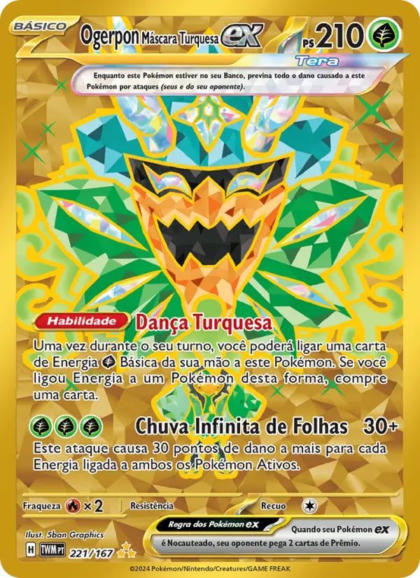 Carta Ogerpon Máscara Turquesa ex, número 221/167 da coleção Máscaras do Crepúsculo
