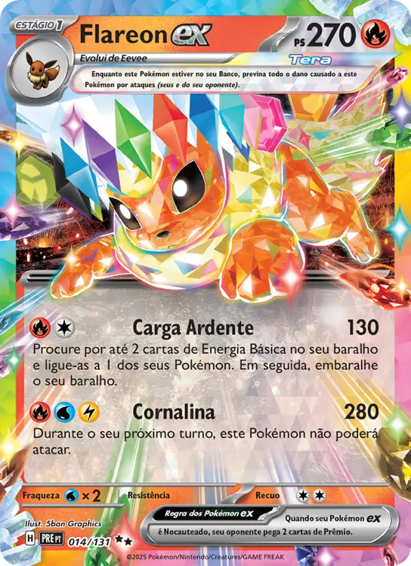 Carta Flareon ex, número 014/131 da coleção Evoluções Prismáticas