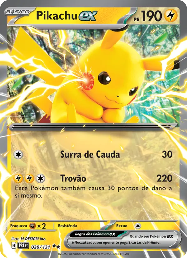 Carta Pikachu ex, número 028/131 da coleção Evoluções Prismáticas